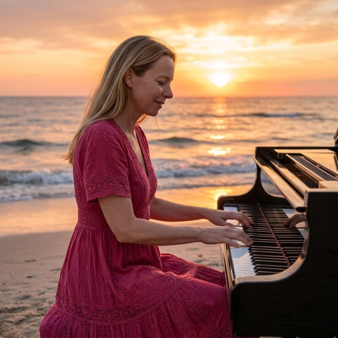 Julika spielt Klavier am Meer bei Sonnenuntergang